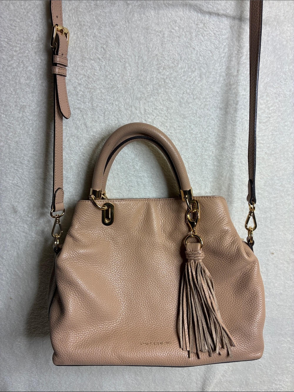 Vince Camuto Pebbled Leather Satchel in Dusty Taupe with Tassel